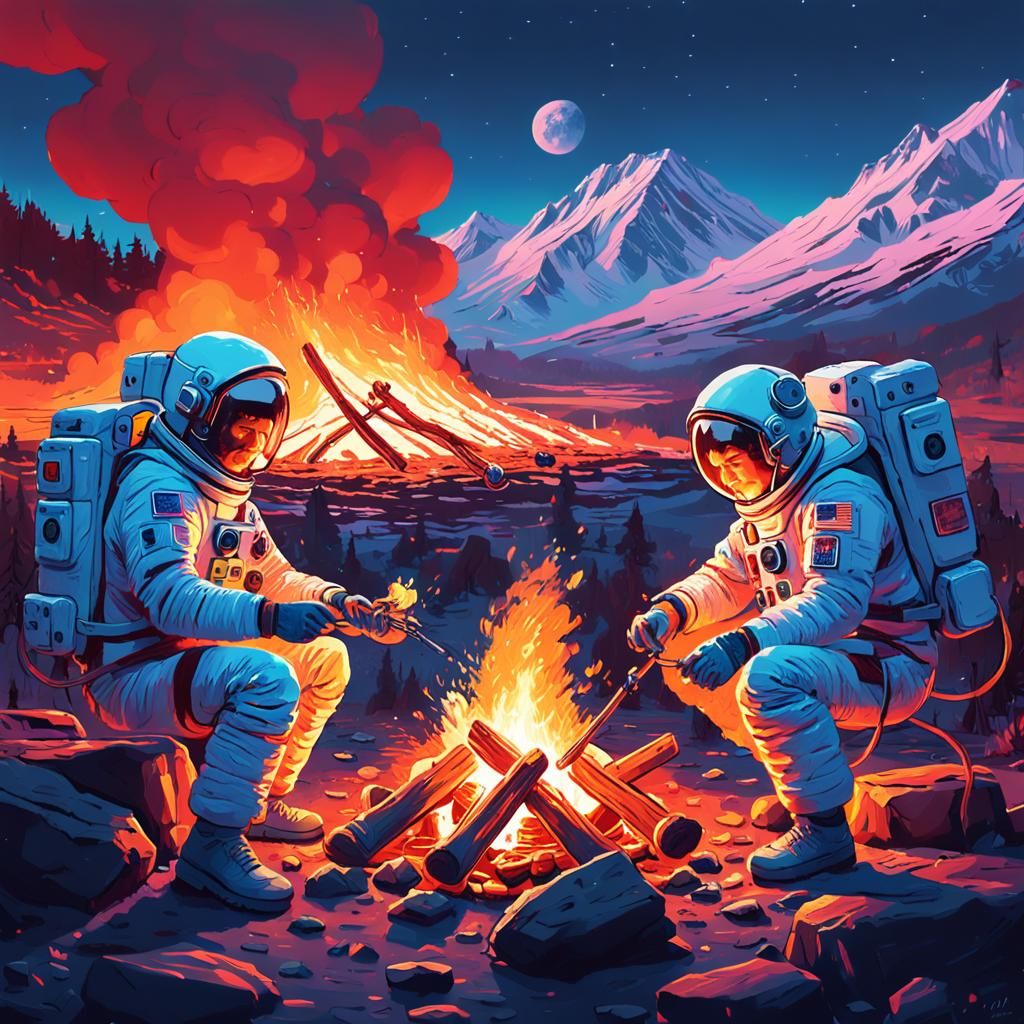 Astronauts Campfire: Japanese Art Photoillustration
