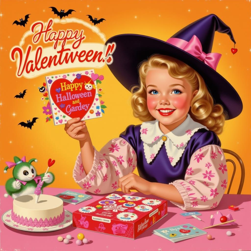 1950s Girl Crafts Valentween Cards in Vintage Poster Style