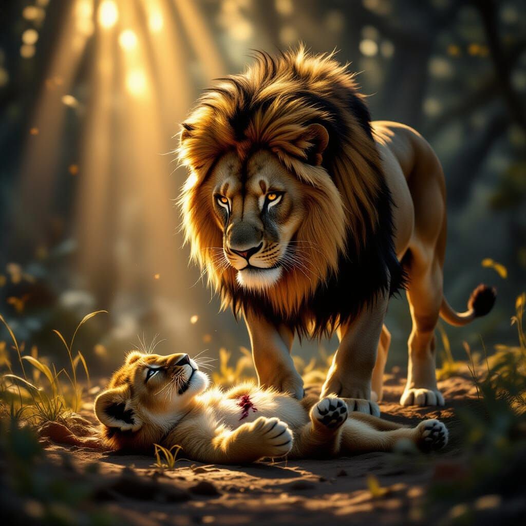 Lion Over Lifeless Cub in Dramatic Lighting