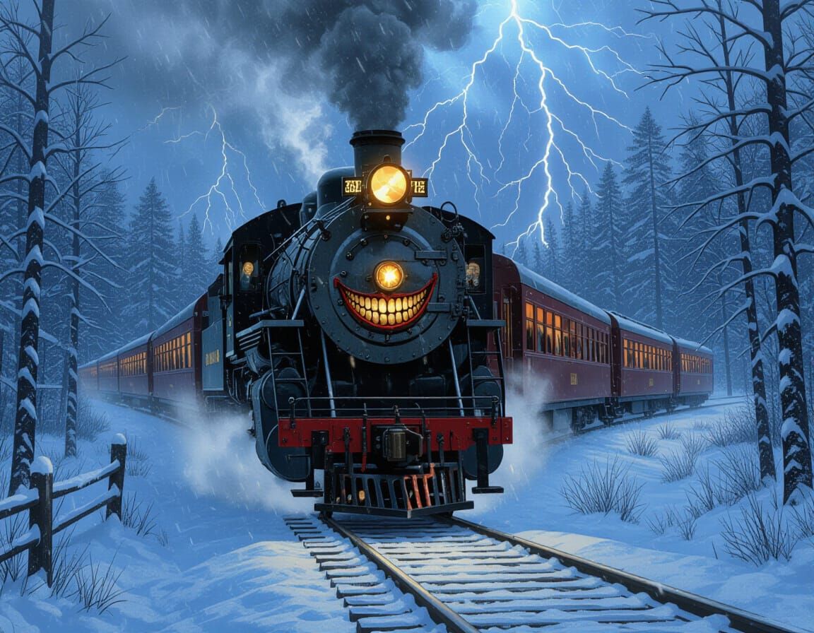 Malevolent Steam Train in Dark Fantasy Forest