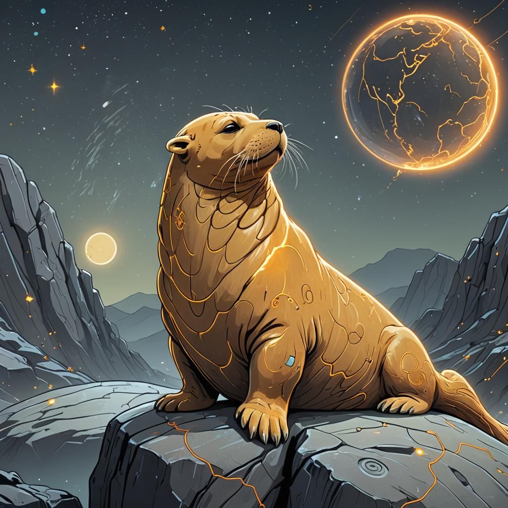 Cyberpunk Sealion Prays to Earth in Cartoon Style
