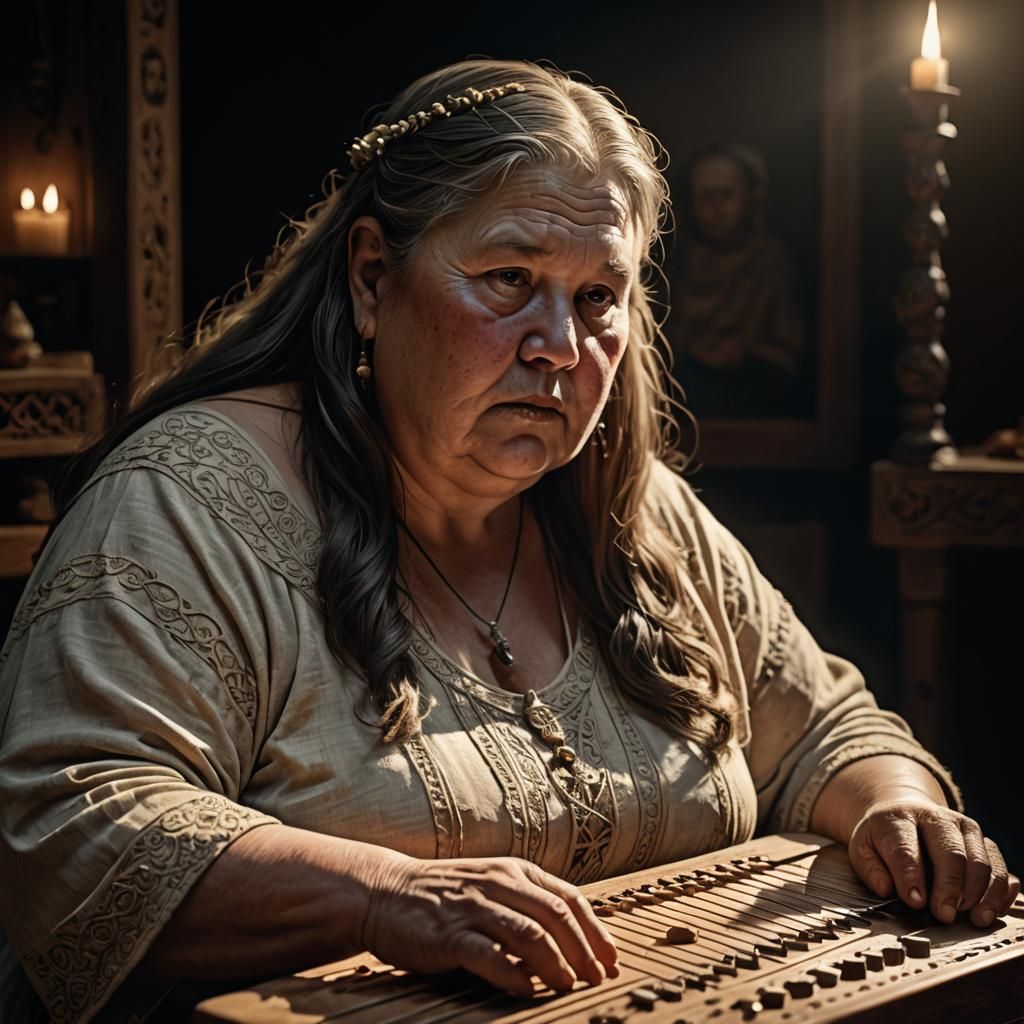 Woman Plays Dulcimer in Atmospheric Lighting
