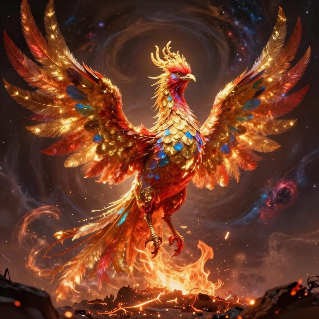 Majestic Phoenix Rises from Cosmic Embers in Epic Fantasy Ar...