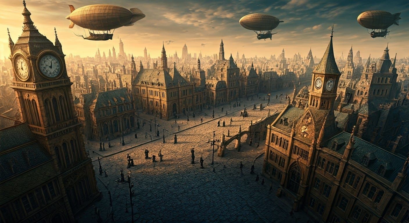 Dreamlike Steampunk City Aerial View