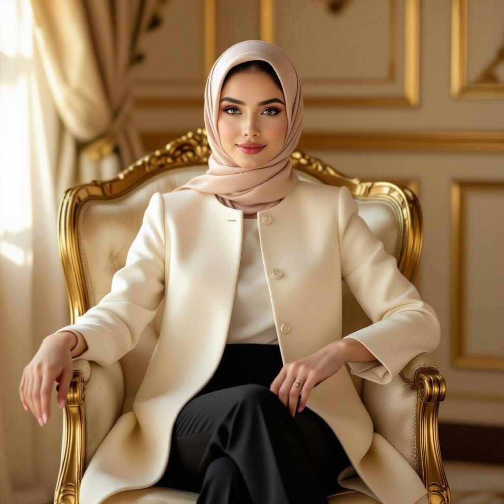 Elegant Woman Poses in Golden Interior, High Fashion Portrai...