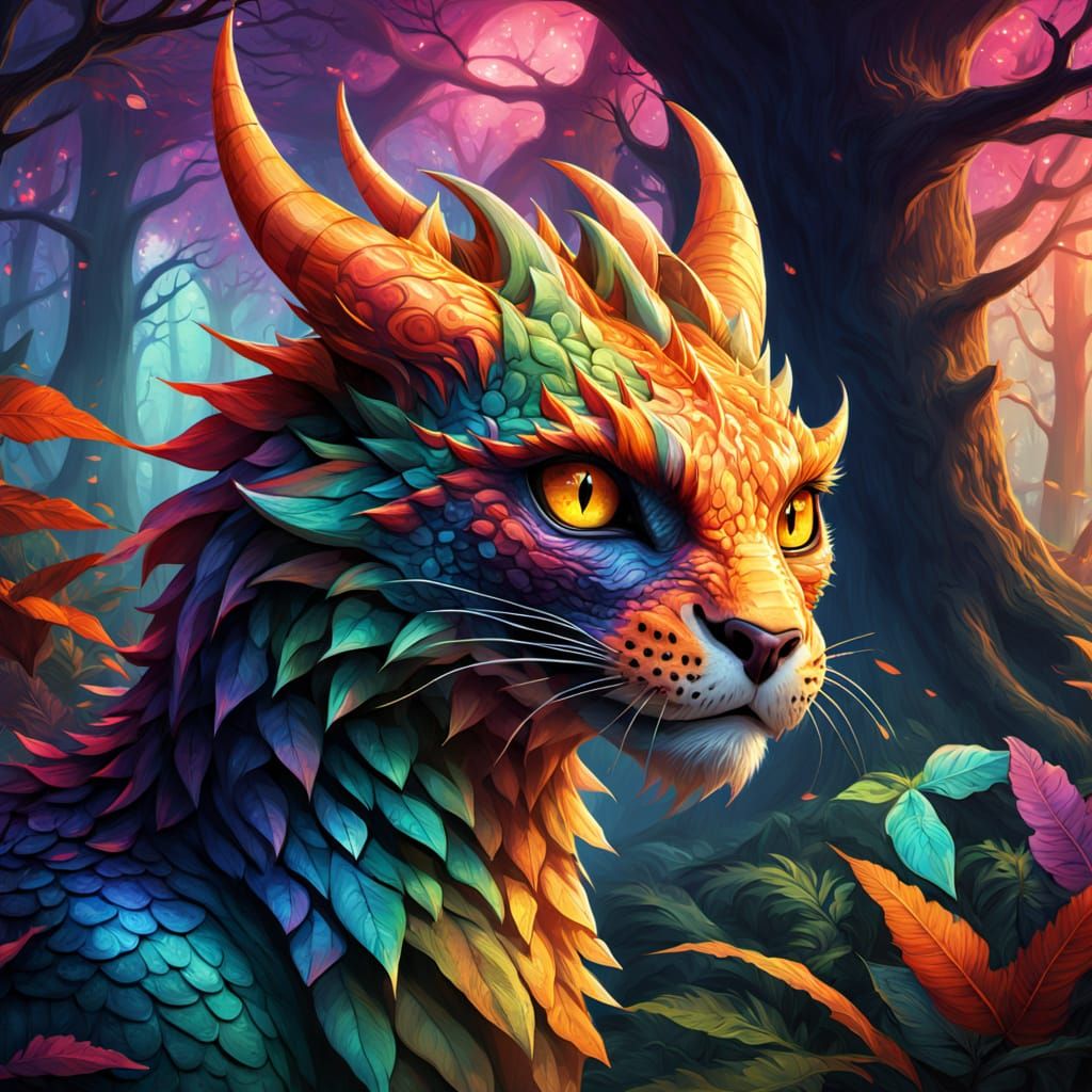 Mystical Forest: Feral Dragon-Cats in Dreamlike Digital Art