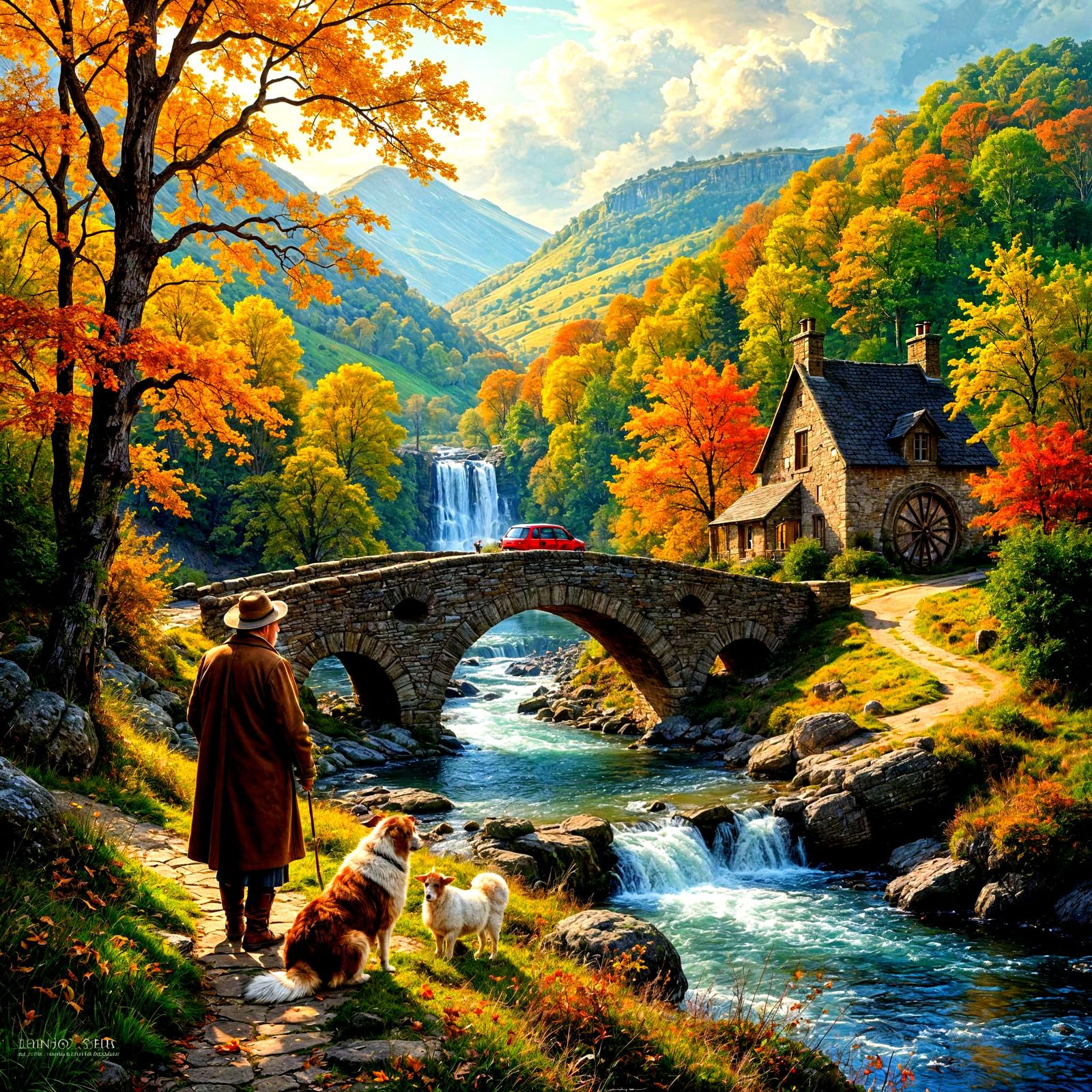 Autumn Mountain Scene with Shepherd, Dog, and River