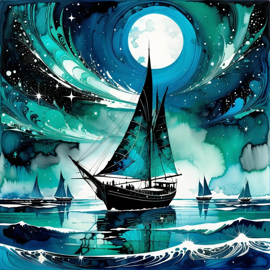 Monochromatic Blue Boat on Moonlit Waters