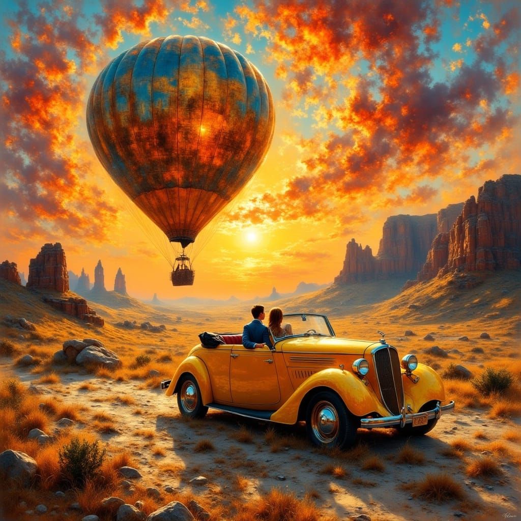 Couple in Yellow Car Views Post-Apocalyptic Sunset