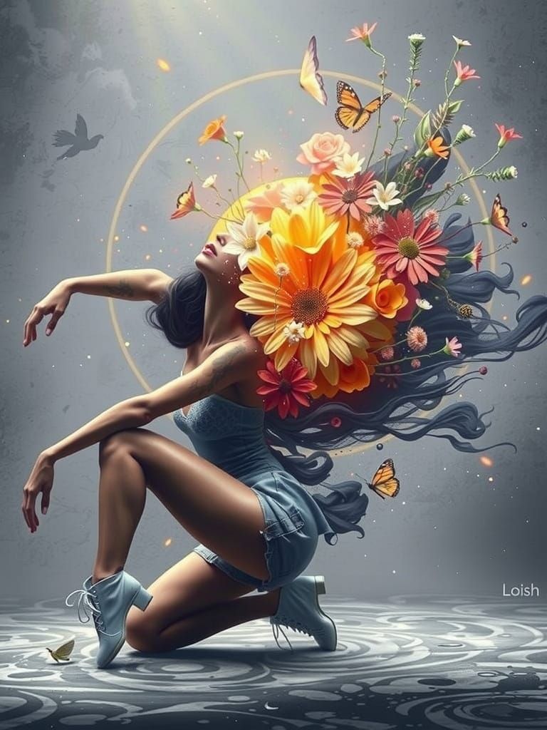 Woman in Black and White with Orange Floral Accents