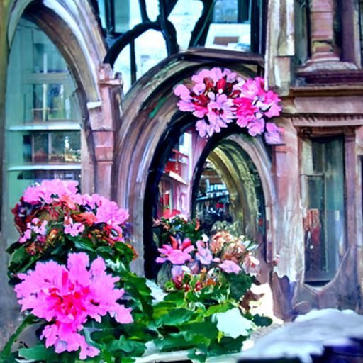 Floral Archway and Victorian Windows in Oil Painting Style