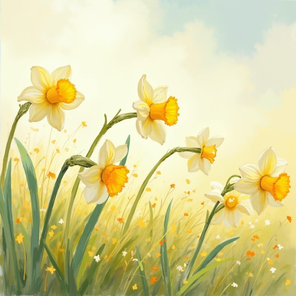 Whimsical White and Yellow Daffodils in Impressionist Style