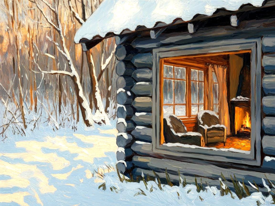 Winter Cabin in Impressionist Style