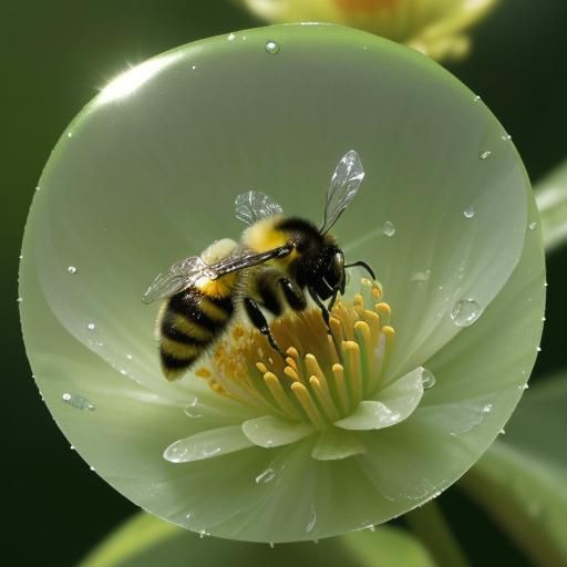 Bumble Bee and Morning Dew: Hyperrealistic Flower Close-Up