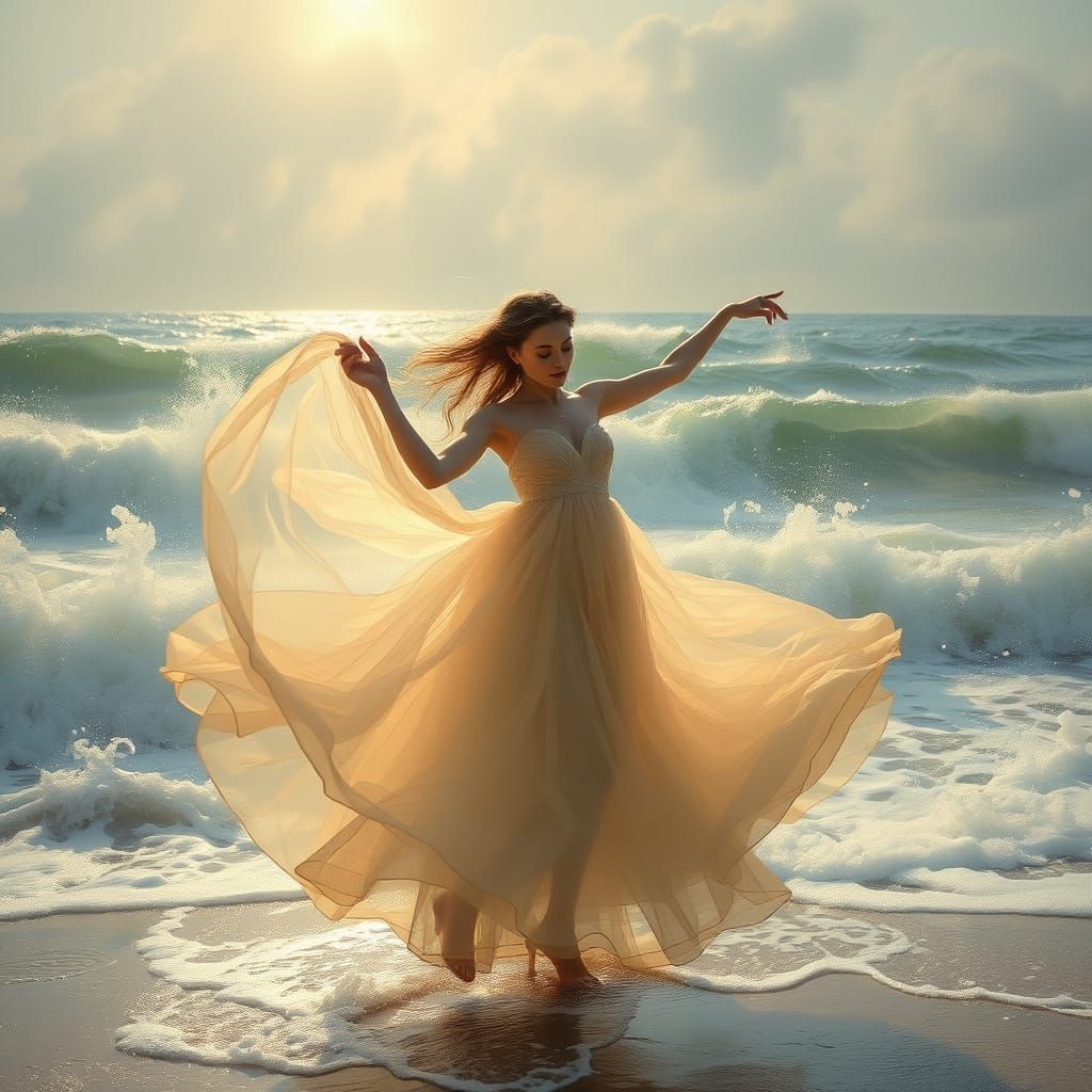 Romantic Whimsical Painting of Woman Dancing on Shoreline