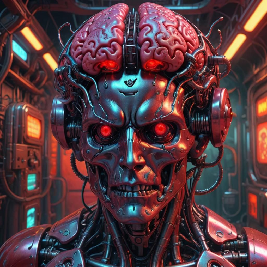 Psychedelic Biopunk Cyborg with Giant Brain