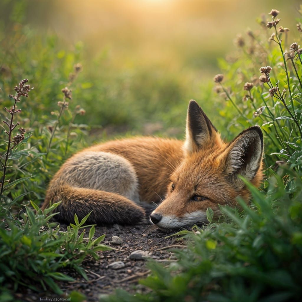 Fox Sleeping in Dewy Bushes