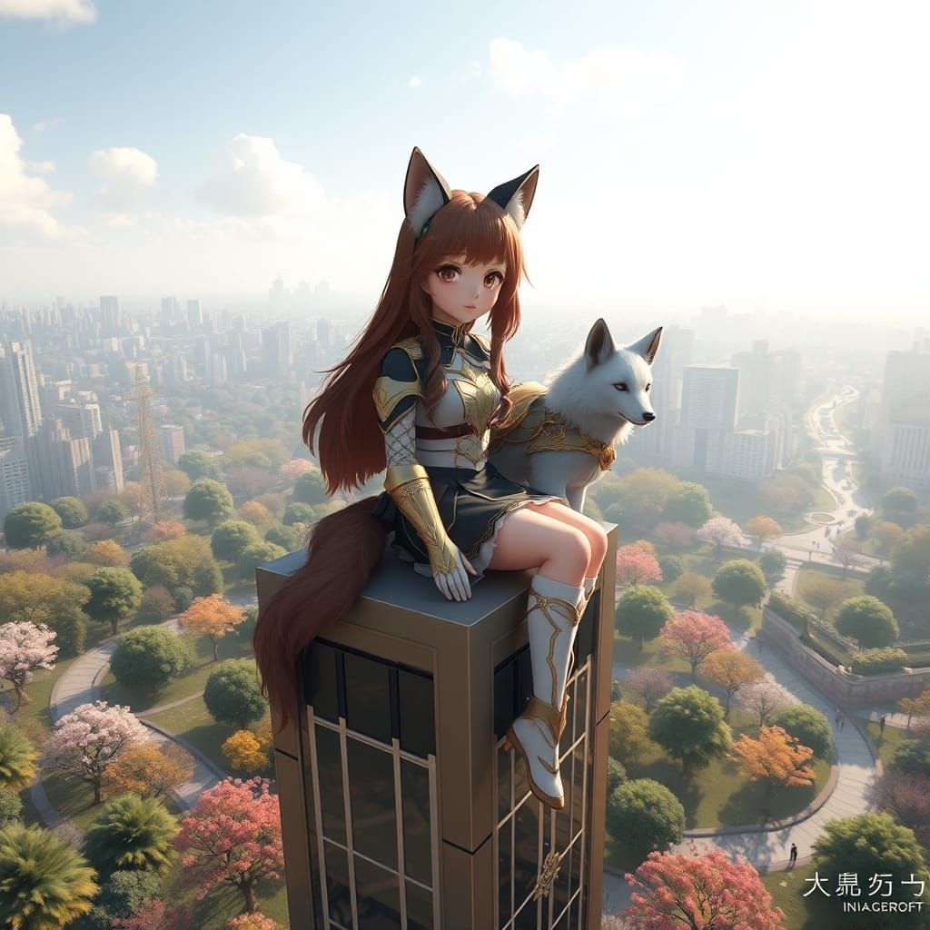Girl with Wolf Companion in Anime Style