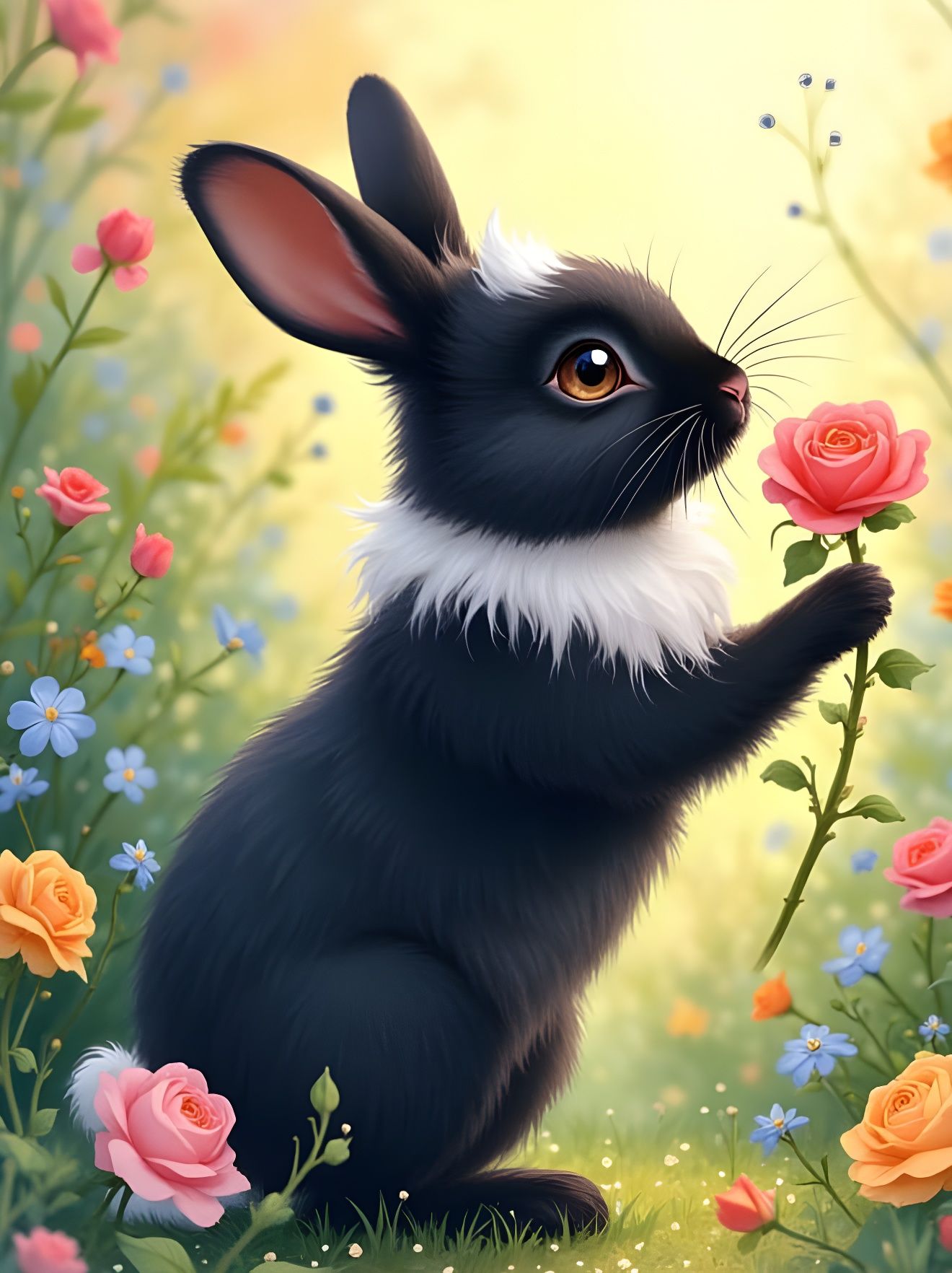 Regal Rabbit Reaches for Rose in Spring Garden