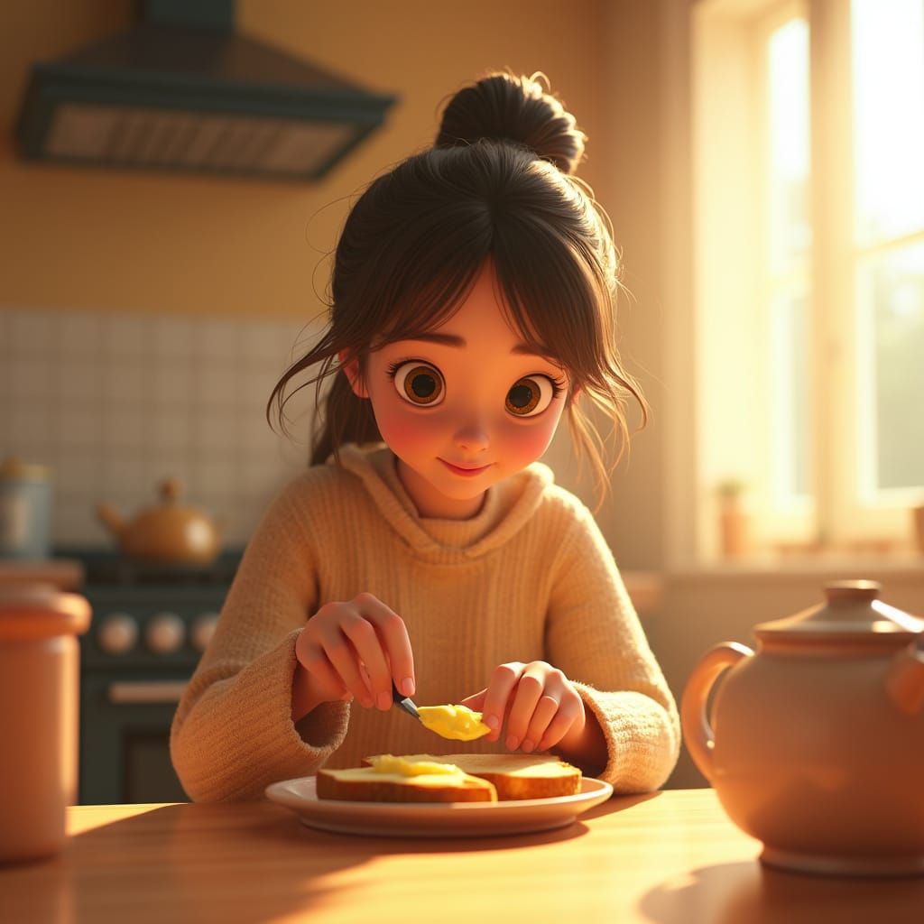 Girl Spreading Butter on Toast: Pixar-Inspired 3D Art