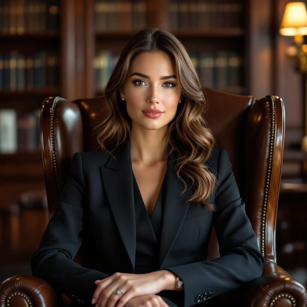 Confident Woman in Reading Room, Art Nouveau Style