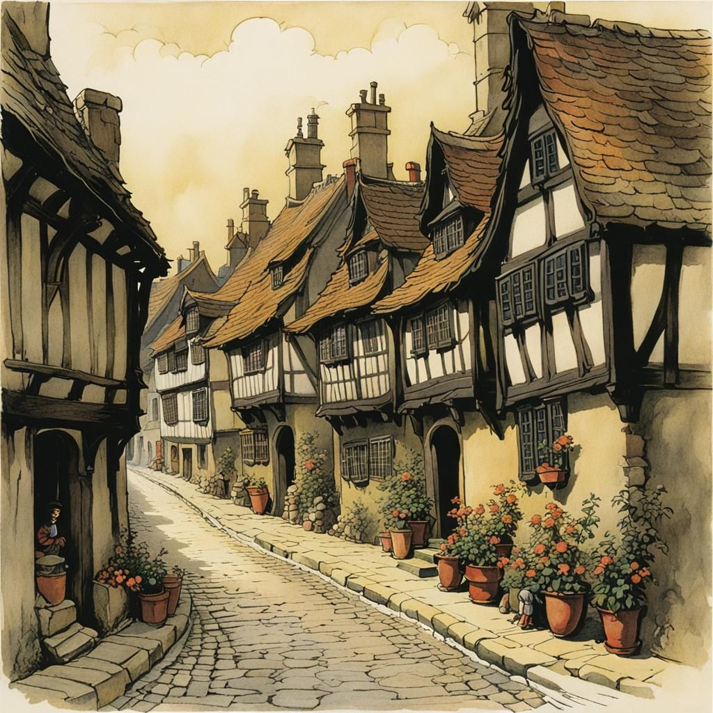 Serene 17th Century Street Scene Illustration