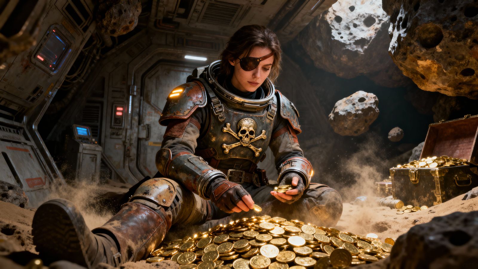 Space Pirate Counting Gold in Asteroid Base