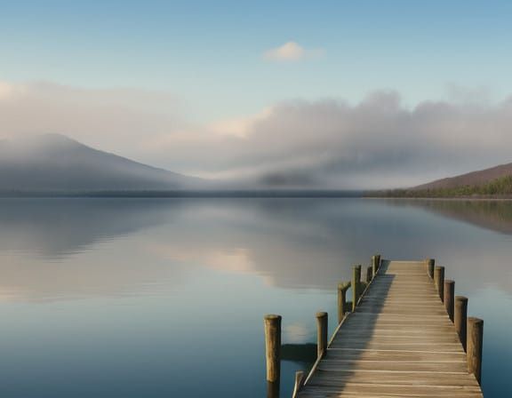 Serene Watercolor Dock on a Misty Lake