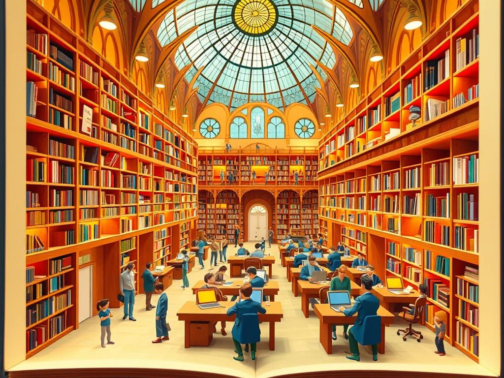 Whimsical 3D Pop-Up Library Scene with Tiny People