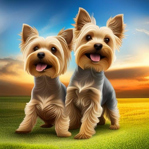 Yorkshire Terriers Playfully Fighting, Tails Wiggling