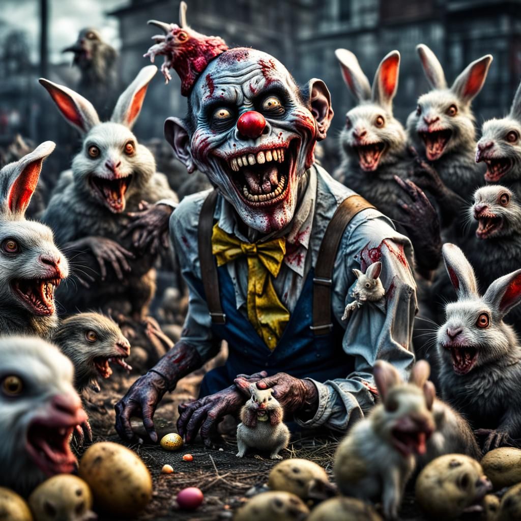 Zombie Monkey Clown Surrounded by Zombie Animals