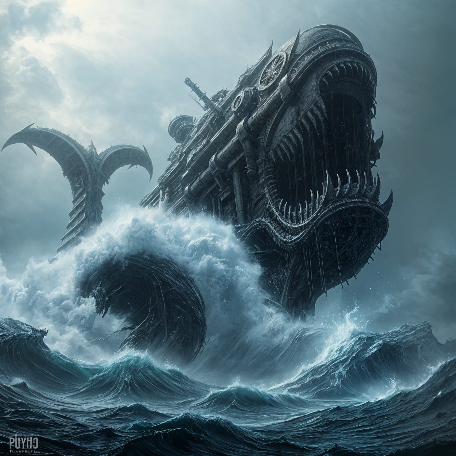 Giant Mechanical Leviathan Rises from the Stormy Ocean