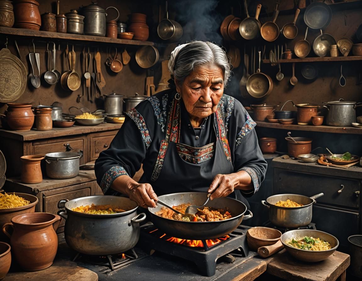 Mexican Lady Cooking Traditional Food, Hyperrealistic