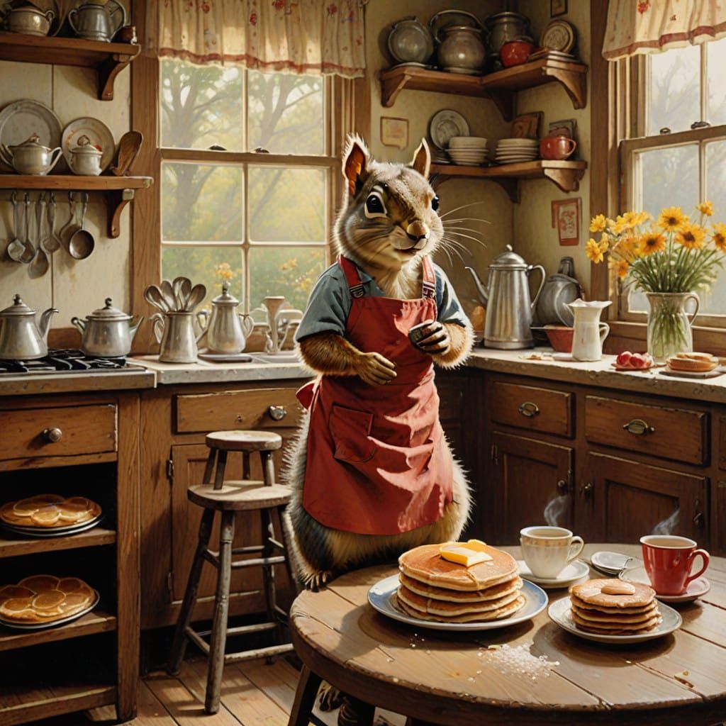 Vintage Whimsy: Squirrel Enjoying Fluffy Pancakes in a Cozy...