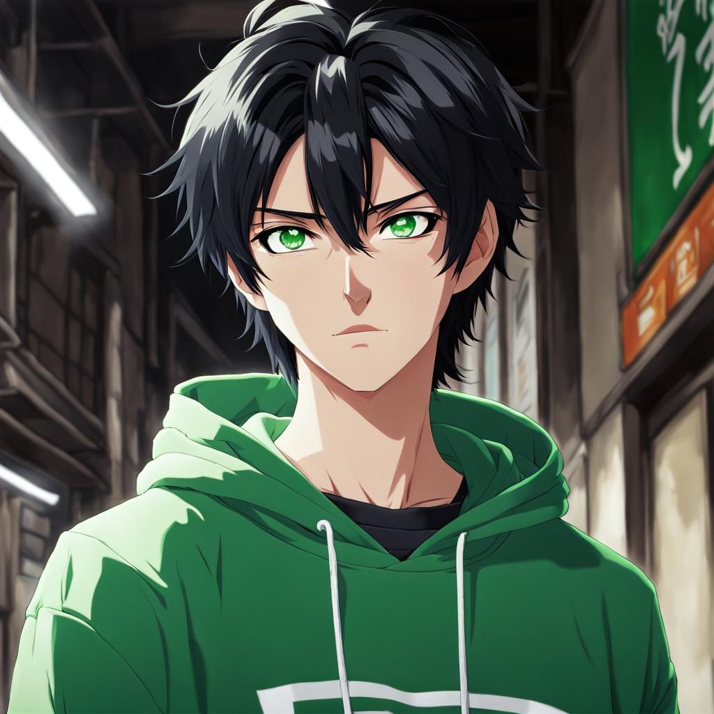 Anime Guy with Black Hair and Green Eyes