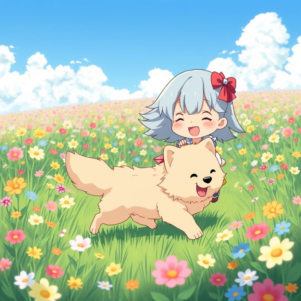 Chibi Girl and Dog Running in Flower Field