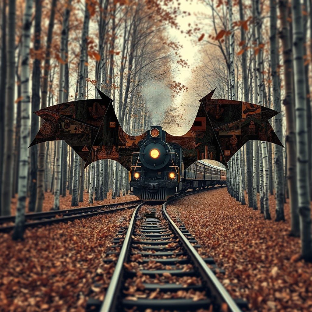 Bat Train in Autumn Forest Glitch Art