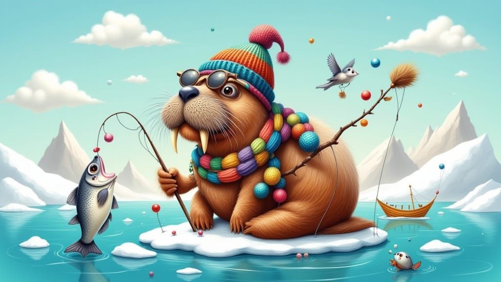 Cute walrus fishing