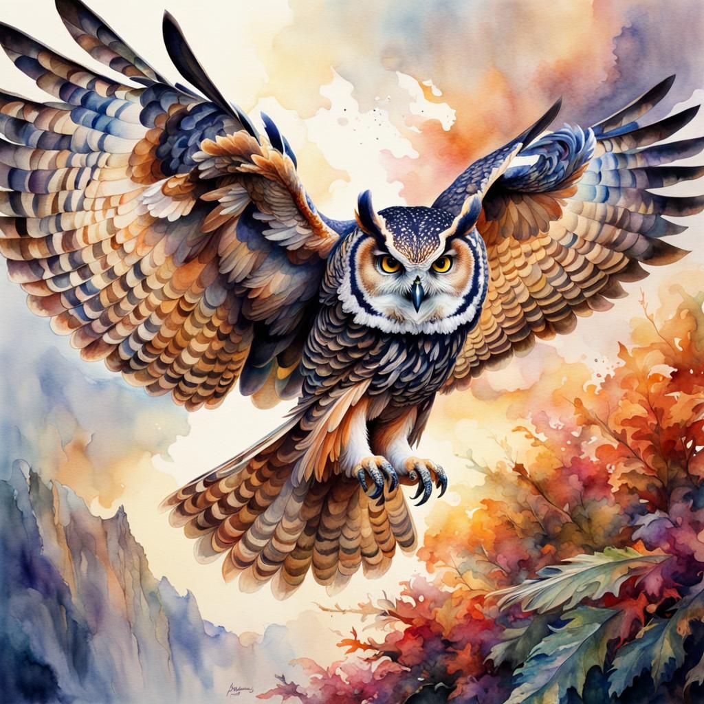 Dramatic Owl in Flight: Watercolor Painting