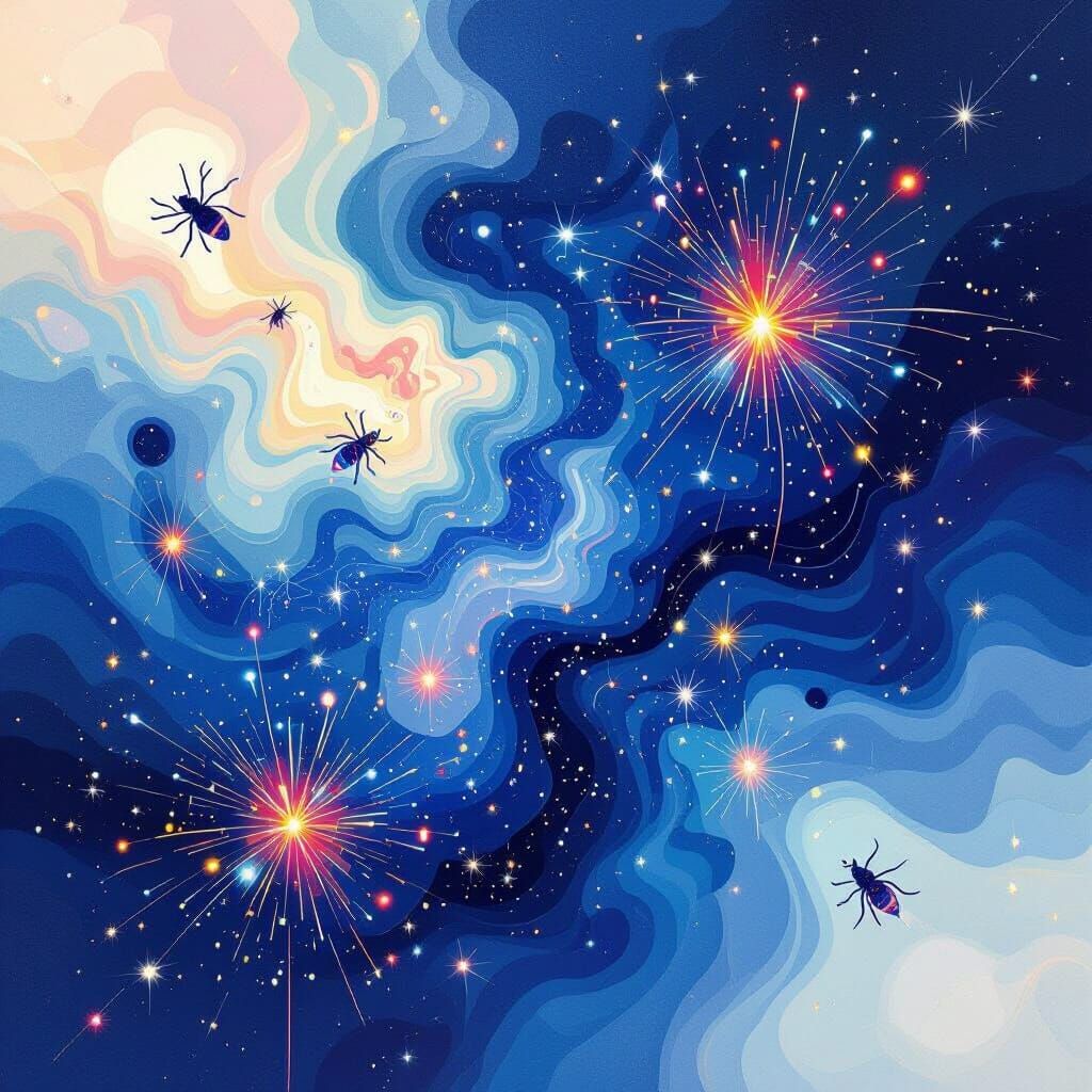 Abstract Indigo Digital Painting with Fireworks and Light St...