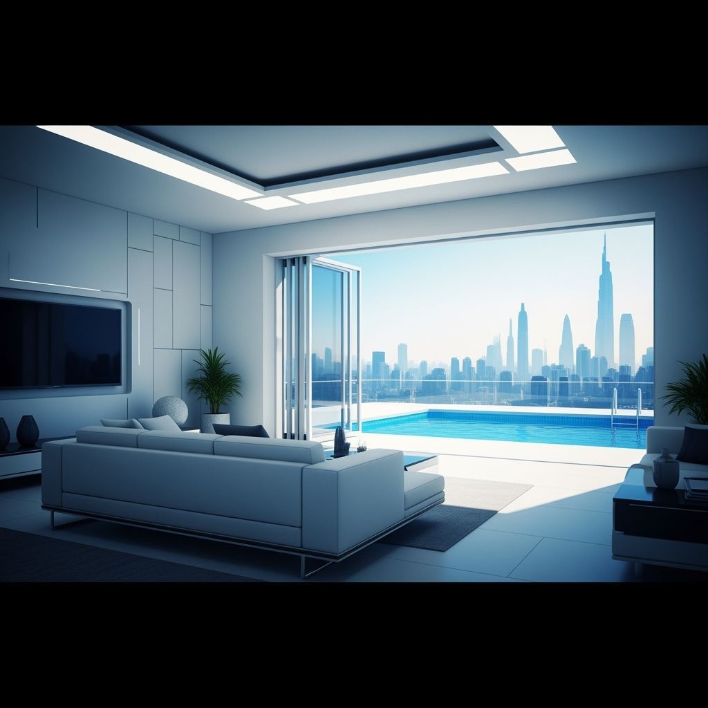 Futuristic Sci-Fi Living Room with Pool View