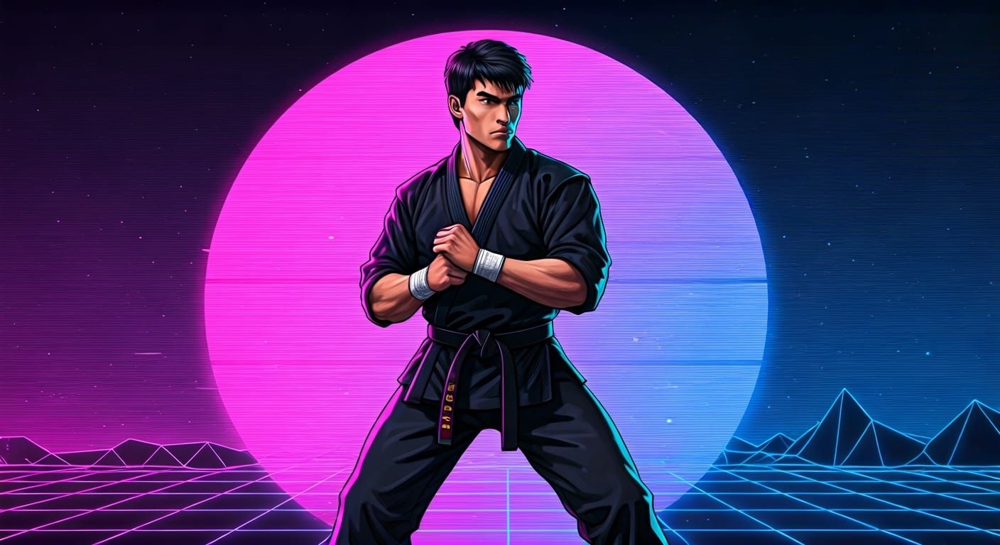 Karate Man in Synthwave Pixel Art Style