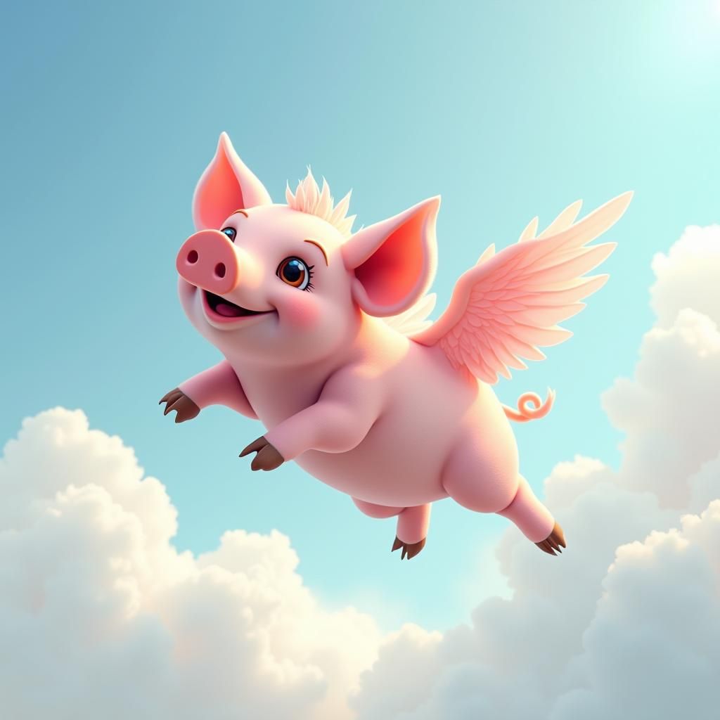 Whimsical Flying Pig in Children's Book Watercolor Style