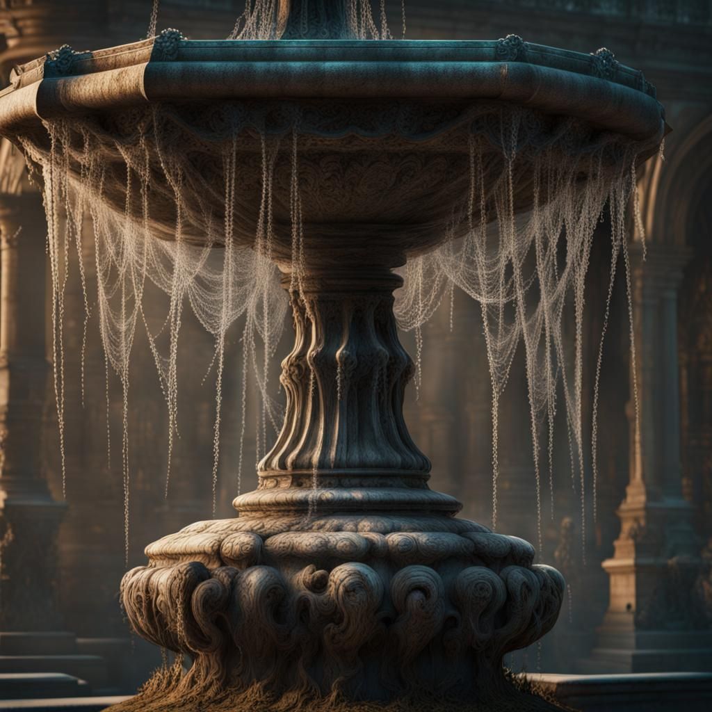 Cobwebs Adorn an Old Fountain in Detailed Matte Painting