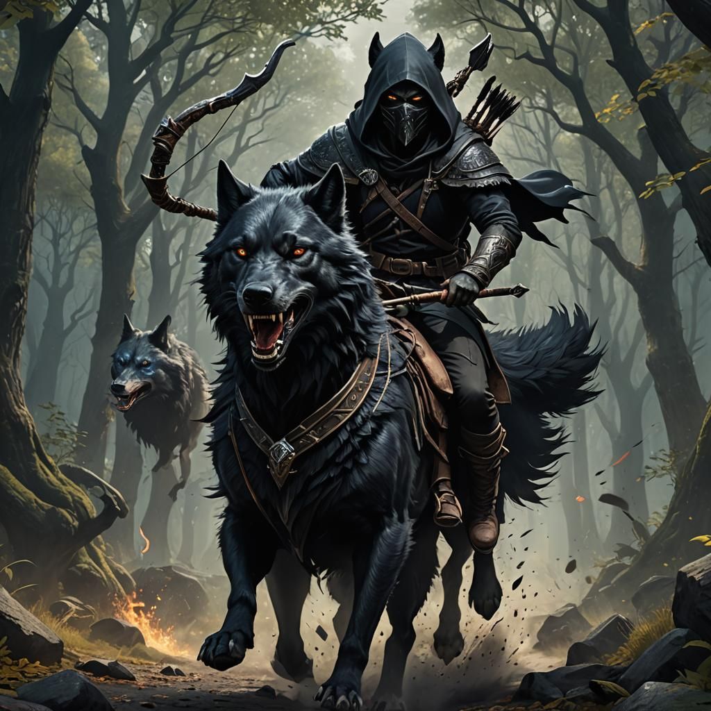 Hooded Archer on Black Wolf: Fantasy Concept Art