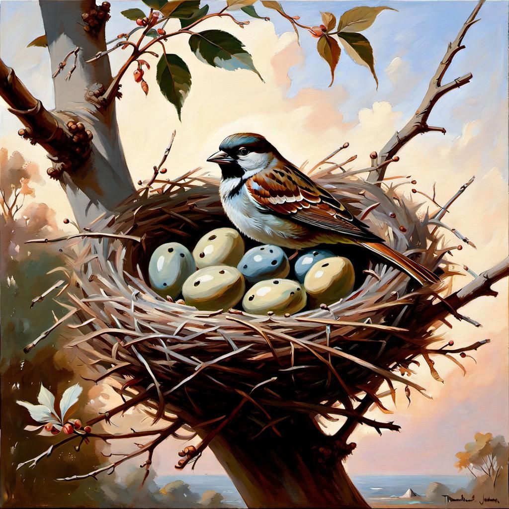 Sparrow Nest Oil Painting in Tonalist Style