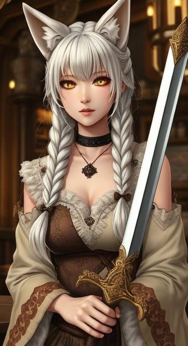 Beautiful Japanese Fox Woman in Celtic Tavern