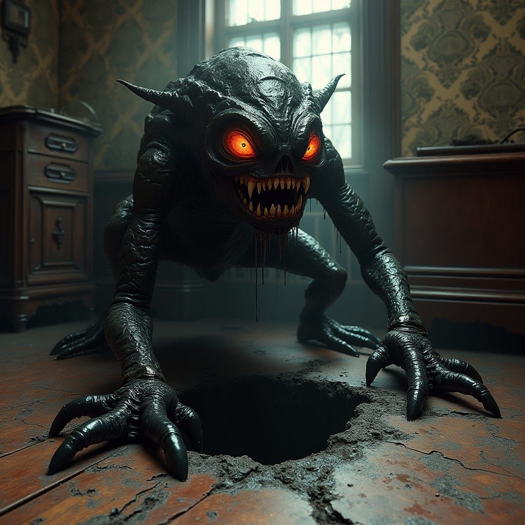 Grotesque Ichor Creature Emerges from Victorian Mansion
