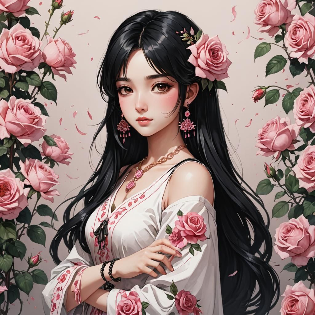 Girl with Roses and Jewelry in Traditional Style