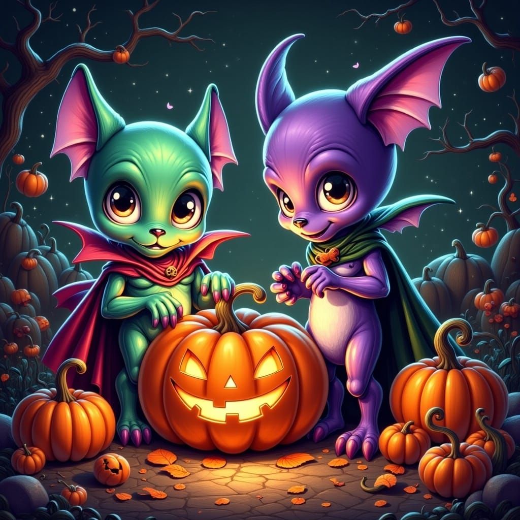 Adorable Aliens Discover a Halloween Pumpkin